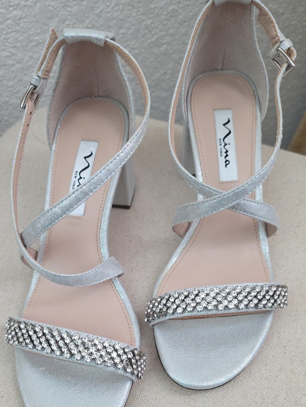 Nina Silver Crystal Ankle-Strap Block Heels Sz 7.5 NWOT